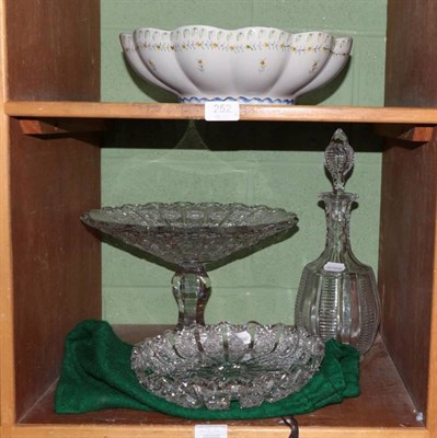 Lot 252 - A cut glass tazza, decanter and bowl; together with a hand-painted Carvalhinho scalloped edge bowl