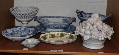 Lot 263 - A group of English blue and white ceramics, an 18th century leaf form pickle dish, a Colefax...