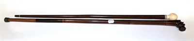 Lot 270 - Late 19th century walking stick with ivory knop; together with another walking stick with...