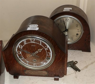 Lot 280 - Two 1920s/30s oak cased mantel clocks