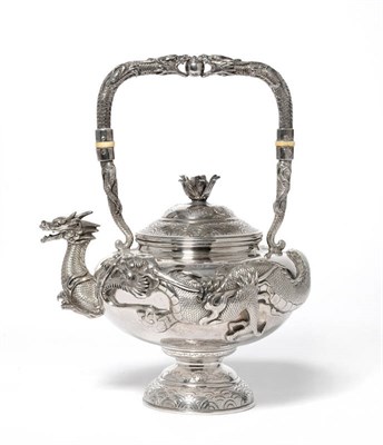 Lot 1034 - A Chinese Silver Teapot, circa 1890, the pedestal foot rising to a baluster body chased with...