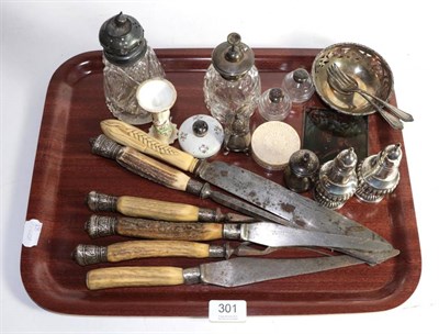 Lot 301 - Silver and other items to include: a set of silver mounted and antler handled carving knives...
