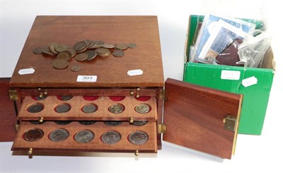 Lot 303 - A mahogany coin collectors cabinet containing fourteen trays with space for approx 400 coins...