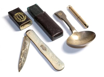 Lot 319 - A 9ct gold toothpick, Sheffield, 2001; a Victorian silver and mother-of-pearl fruit-knife, in...