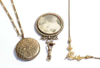 Lot 320 - An unmarked locket on a 9 carat gold chain, chain length 45cm; a 9 carat gold seed pearl...