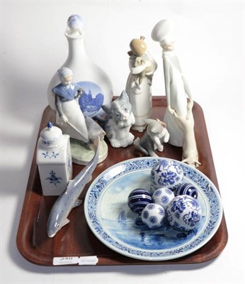 Lot 348 - A Meissen tea caddy; four Lladro figures; Copenhagen; blue and white carpet boules