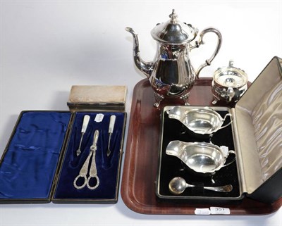 Lot 351 - A silver plated Mappin & Webb sandwich box; a cased pair of silver sauce boats and ladles,...