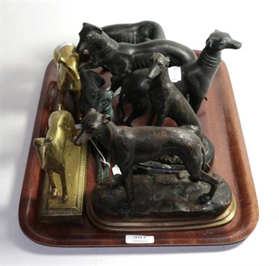 Lot 357 - After Mene, cast bronze greyhound on an oval base; together with seven other various bronze and...