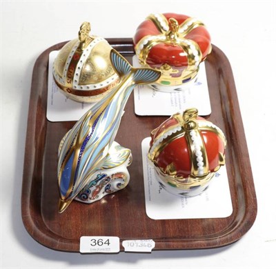 Lot 364 - Three commemorative Royal Crown Derby paperweights, comprising: Golden Jubilee Heraldic Crown,...