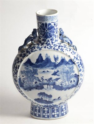 Lot 365 - A 19th century Chinese blue and white moon flask, landscape vignettes, 31cm high