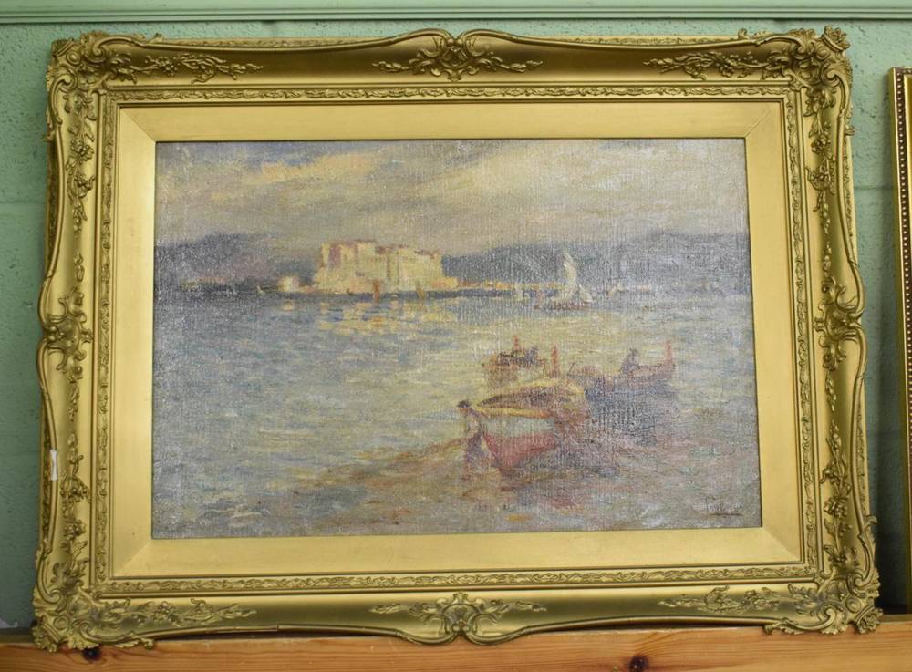 Lot 1000 - Attributed to John William Gilroy (1868-1944) Coastal landscape with fishing boats, oil on...