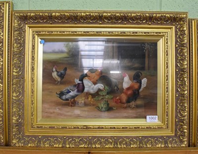 Lot 1002 - Carl Whitfield (b.1958), Fowl eating cabbage from bucket, signed oil on board, 25.5cm by 39cm