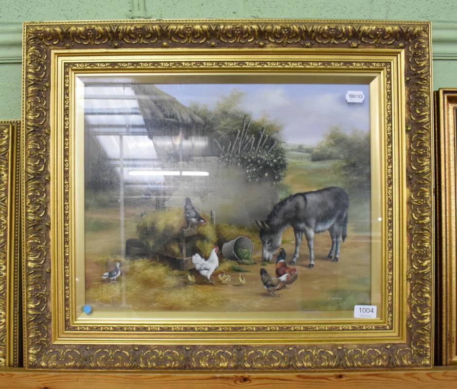 Lot 1004 - Carl Whitfield (b.1958), A donkey and fowl feeding before a thatched barn, signed oil on board,...
