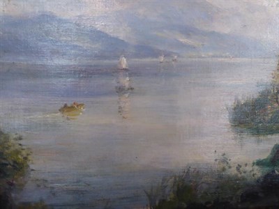 Lot 1005 - Robert Fowler RWS (1853-1926) Sailing boats in a lake landscape, a nude study verso, oil on canvas