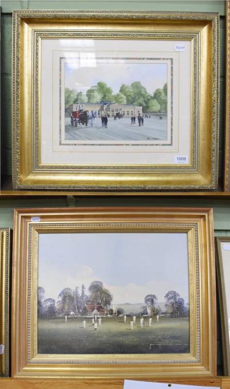 Lot 1009 - John Horsewell (b.1949) Cricket match, signed, oil on canvas, 39cm by 49cm; together with John...