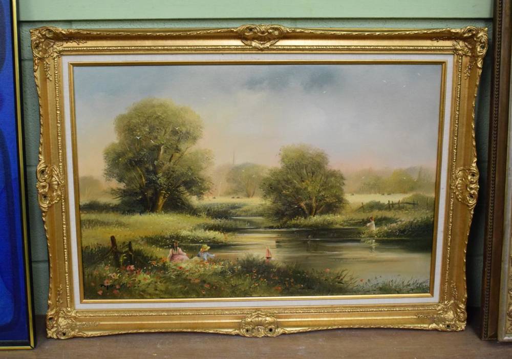 Lot 1015 - Ted Dyer, Rural scene with children playing by a river, signed, oil on canvas, 50cm by 75cm