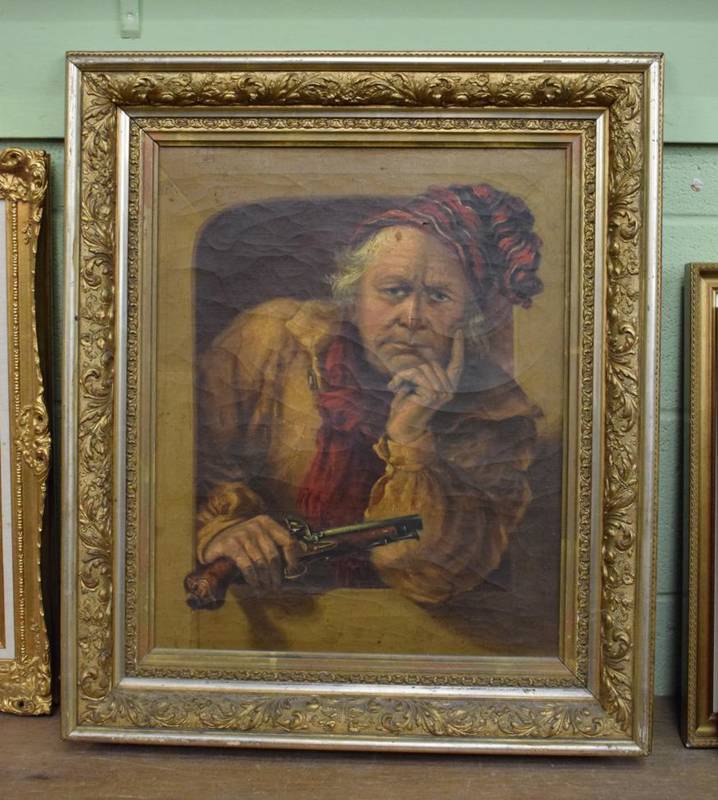 Lot 1016 - British School (19th century) , Portrait of an outlaw with a pistol, in a trompe l'oeil frame,...