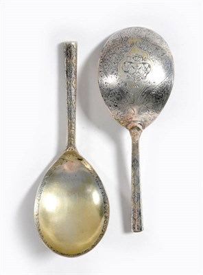 Lot 1046 - An Early Pair of Russian Silver Spoons, unmarked, circa 1650-1750, the fig shaped bowls with...