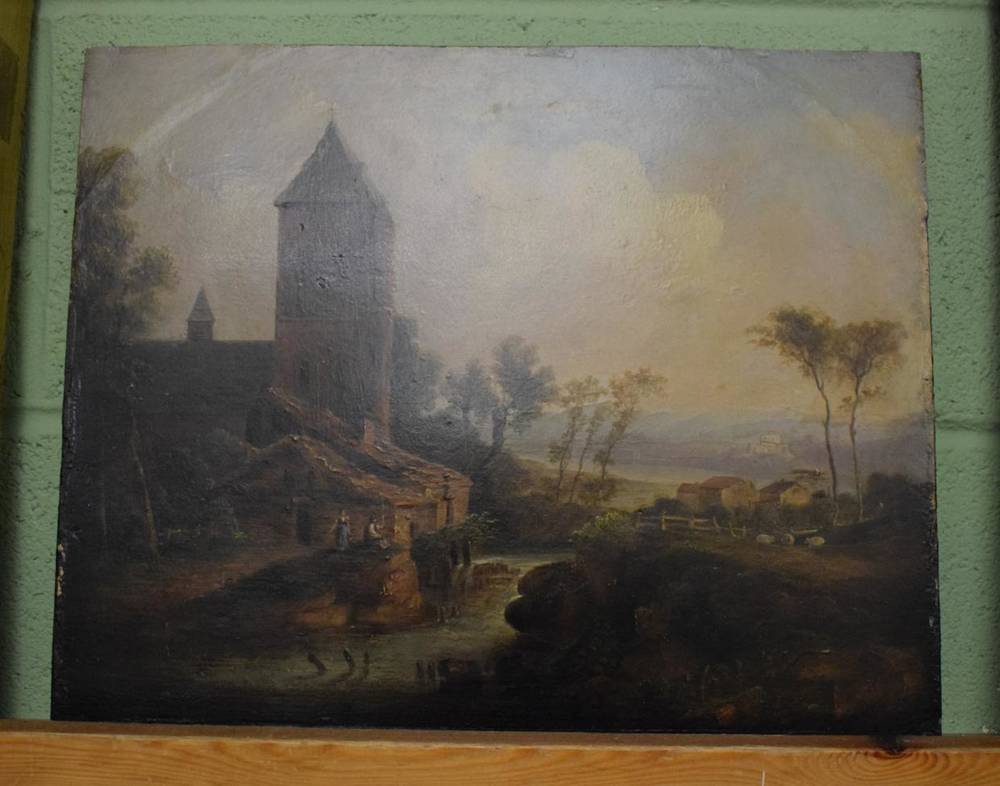 Lot 1027 - Continental School (18th century) Landscape with figures fishing before a church, oil on...