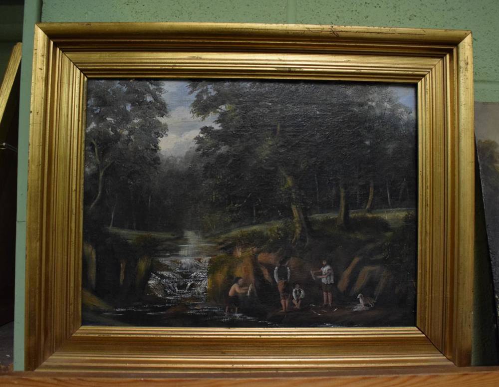 Lot 1028 - British school (19th century), Woodland scene with children catching fish, oil on canvas, 30cm...