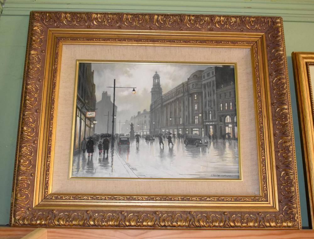 Lot 1030 - Steven Scholes, ''A Wet Evening in Manchester 1952 (St Annes Square) '', signed, oil on canvas,...