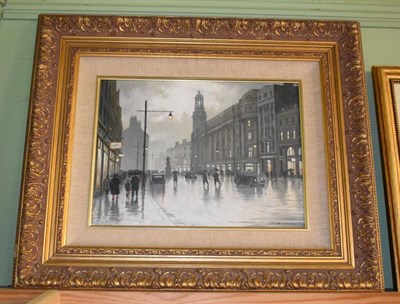 Lot 1030 - Steven Scholes, ''A Wet Evening in Manchester 1952 (St Annes Square) '', signed, oil on canvas,...