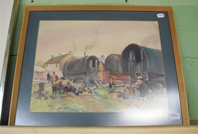 Lot 1032 - Fred Lawson (1888-1968) Gypsy encampment, signed, watercolour, 36cm by 49cm