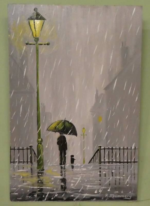 Lot 1056 - Reg Mummery (20th century) Man and dog under umbrella, next to street lamp, signed, oil on...