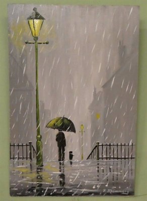 Lot 1056 - Reg Mummery (20th century) Man and dog under umbrella, next to street lamp, signed, oil on...