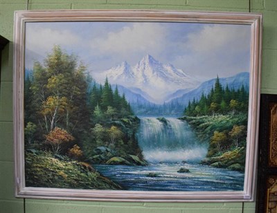 Lot 1058 - W Chapman (20th century) A waterfall with distant snow covered mountain, signed, oil on canvas,...