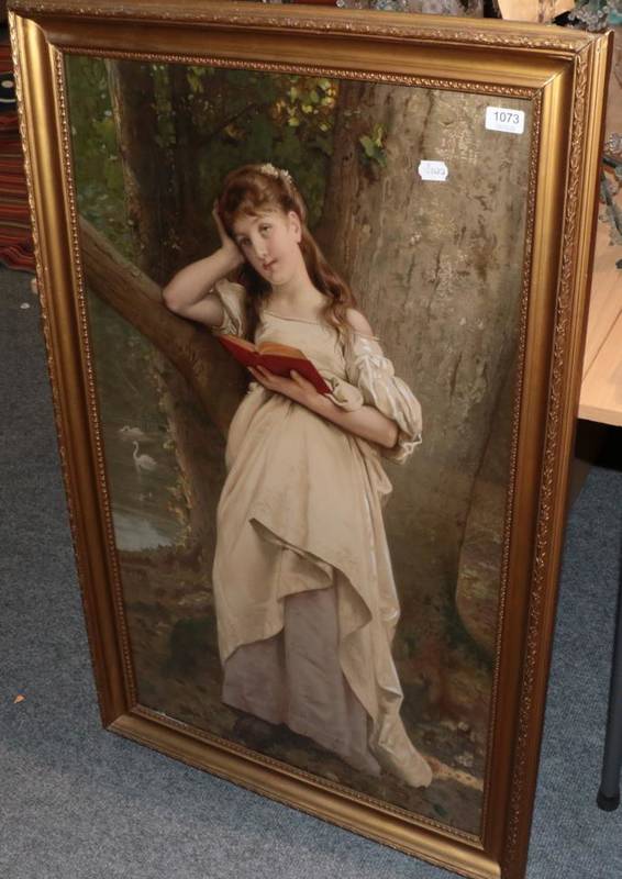 Lot 1073 - After L Perrault, Young girl in a white dress reading before lake with swans, print, 97cm by 58cm