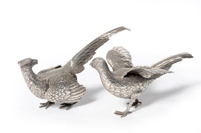 Lot 1052 - A Pair of Elizabeth II Game Birds, IF & Son, London 1958, modelled as pheasants, 18cm long, 8oz...