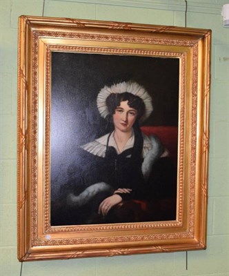 Lot 1102 - British School (19th century), Portrait of a lady with fur stole, oil on canvas, bears...