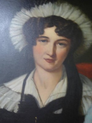 Lot 1102 - British School (19th century), Portrait of a lady with fur stole, oil on canvas, bears...