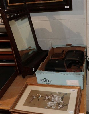 Lot 1119 - A box of binoculars; two Japanese silkwork pictures etc