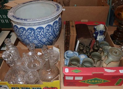 Lot 1144 - A large modern blue and white jardiniere; Studio pottery coffee set; an oil lamp converted for...