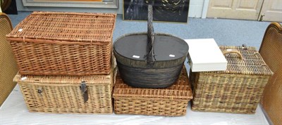 Lot 1175 - Five assorted wicker hampers, travel trunk and two cases (8)