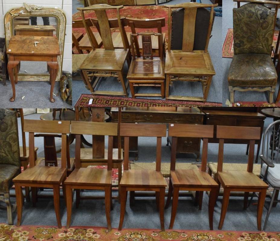 Lot 1212 - Three Chinese chairs, five modern dining chairs; a chair with embossed leather floral and bird...