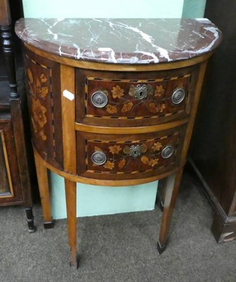 Lot 1253 - A 19th century marquetry demi lune side table with two drawers and marble top