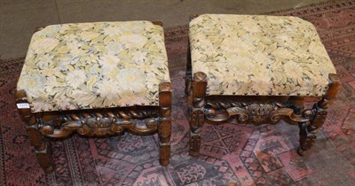 Lot 1279 - A pair of 17th century style walnut stools with barley twist turned stretchers