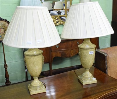 Lot 1294 - Pair of Regency style toleware lamps with gathered silk shades, modern