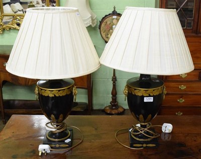 Lot 1295 - Pair of Regency style toleware lamps with gathered silk shades, modern