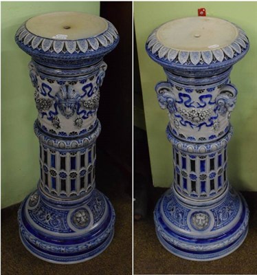 Lot 1301 - Pair of probably German late 19th/early 20th century blue painted ceramic plant pedestals