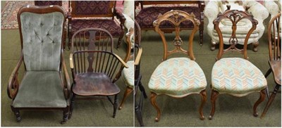 Lot 1313 - Pair of Victorian walnut carved side chairs; Victorian mahogany armchair; and a stick back armchair