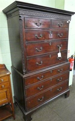 Lot 1378 - A George III mahogany Chippendale style chest on chest, with blind fret carving, 120cm wide