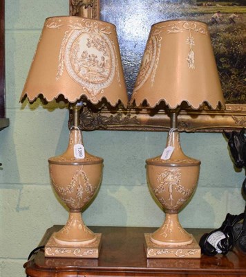 Lot 1389 - A pair of modern printed metal table lamps and shades in the Sheraton Revival style