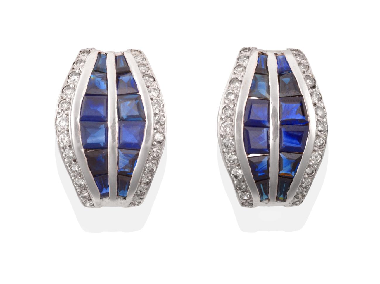 Lot 2 - A Pair of Sapphire and Diamond Earrings, rounded lozenge shaped plaques with two rows of...