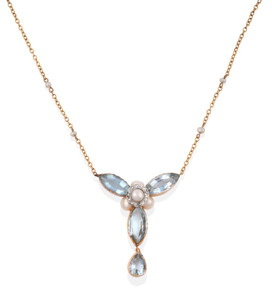 Lot 3 - An Early 20th Century Aquamarine and Pearl Pendant Necklace, a trefoil cluster comprising a...