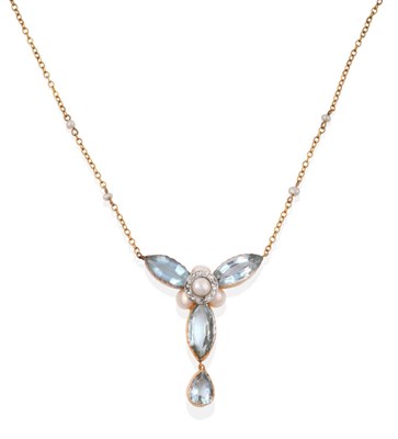 Lot 3 - An Early 20th Century Aquamarine and Pearl Pendant Necklace, a trefoil cluster comprising a...