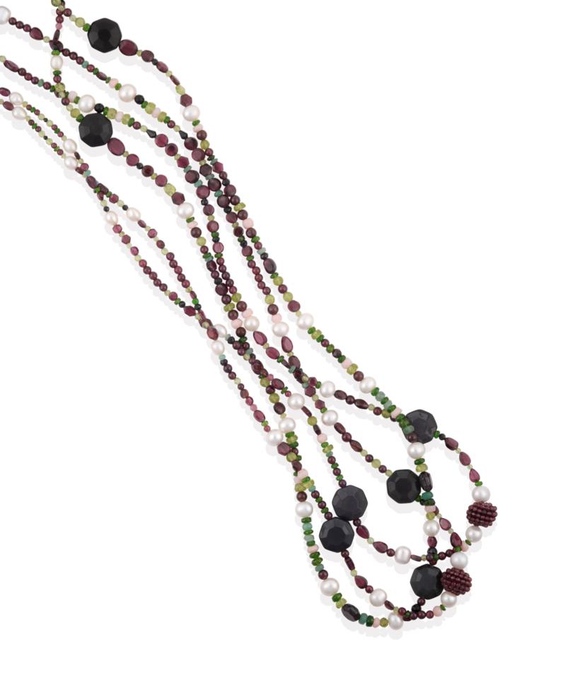 Lot 50 - A Multi-Gemstone Bead Necklace, cultured pearls spaced by chrome diopside, obsidian, red and purple